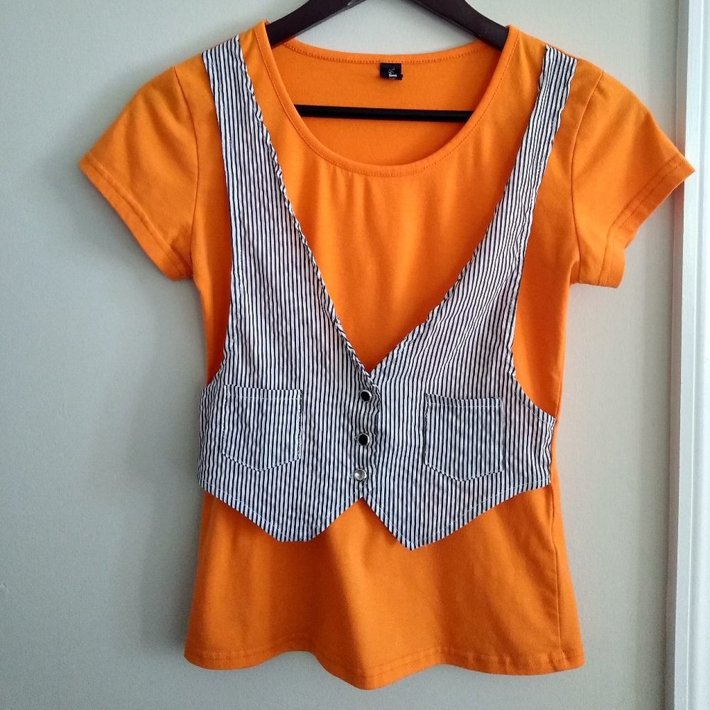 Orange t-shirt with attached black & white striped vest